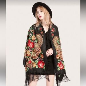 Floral Embroidered Black Shawl with Fringe